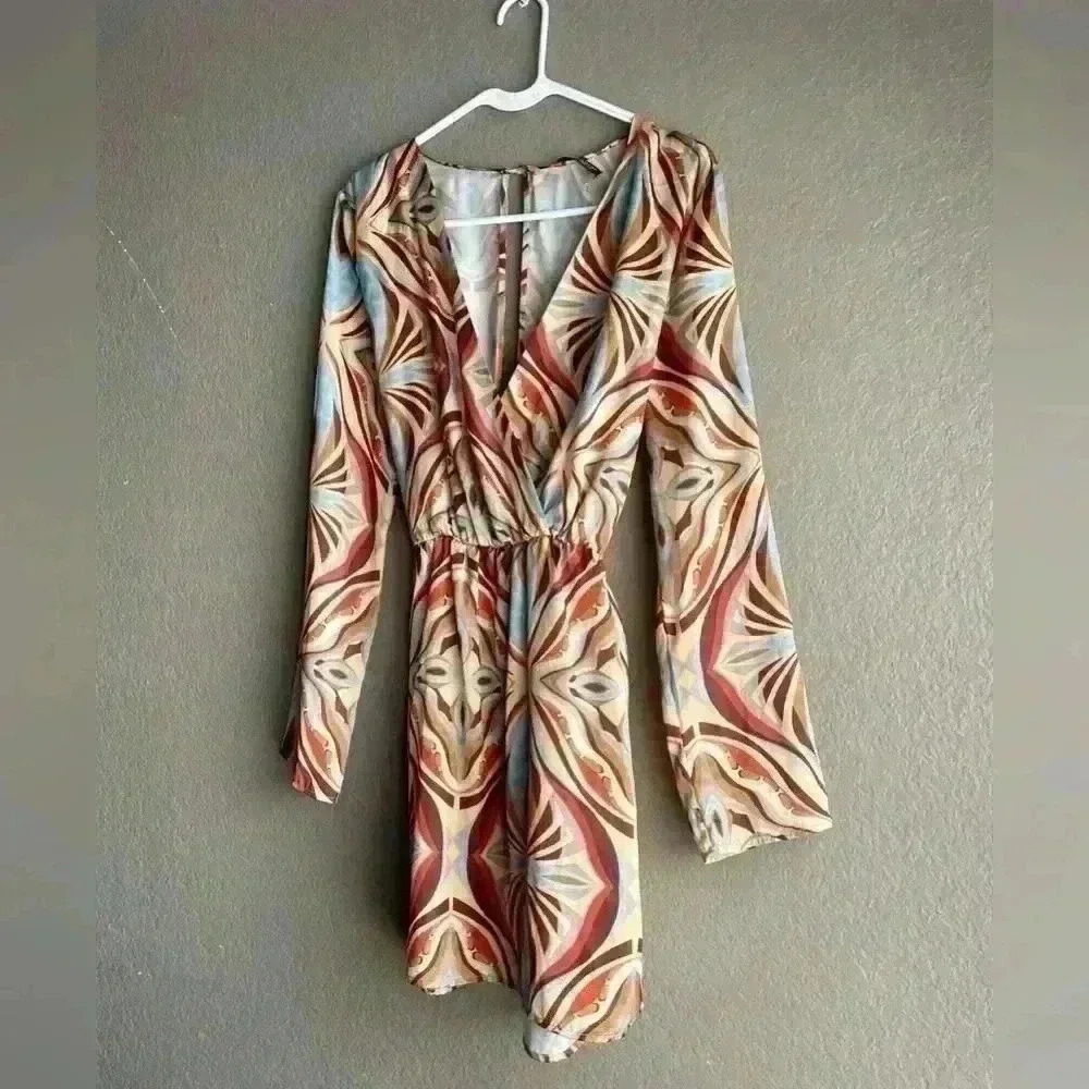 ZARA dress satin look brown beige blue mint yellow long sleeve wrap belt boho - Picture 4 of 9